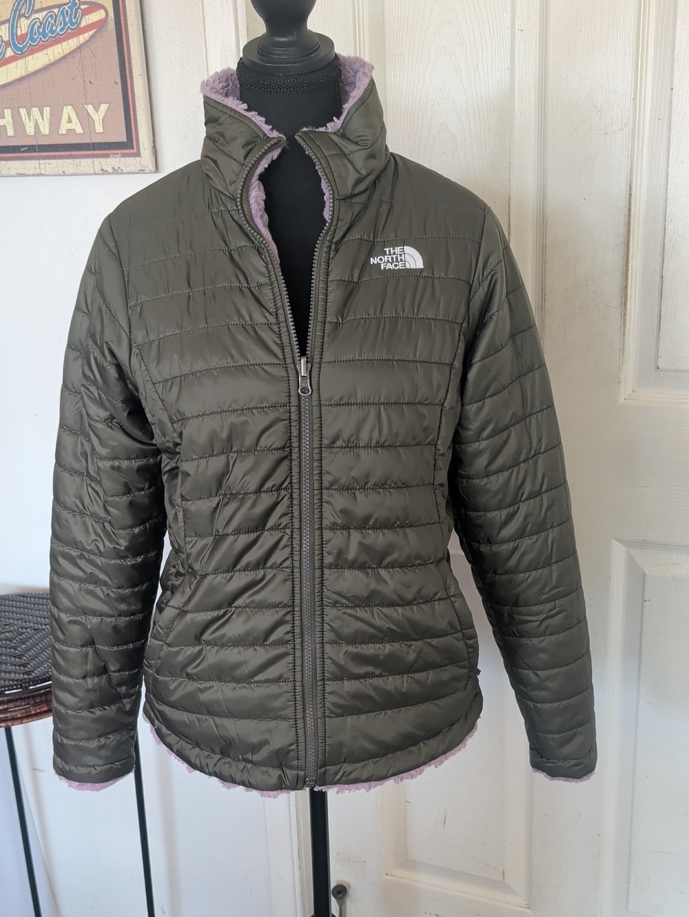 The North Face Mossbud Reversible Jacket Olive Lavender Faux Fur Puffer